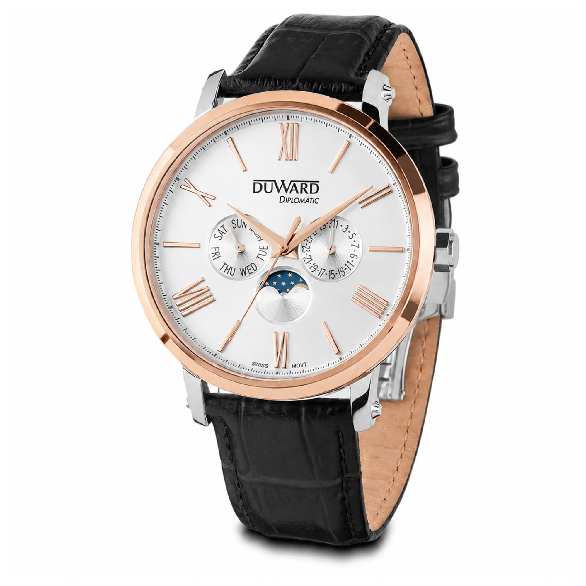 Reloj de Hombre movimiento suizo fase lunar Mu ltifunción de acero