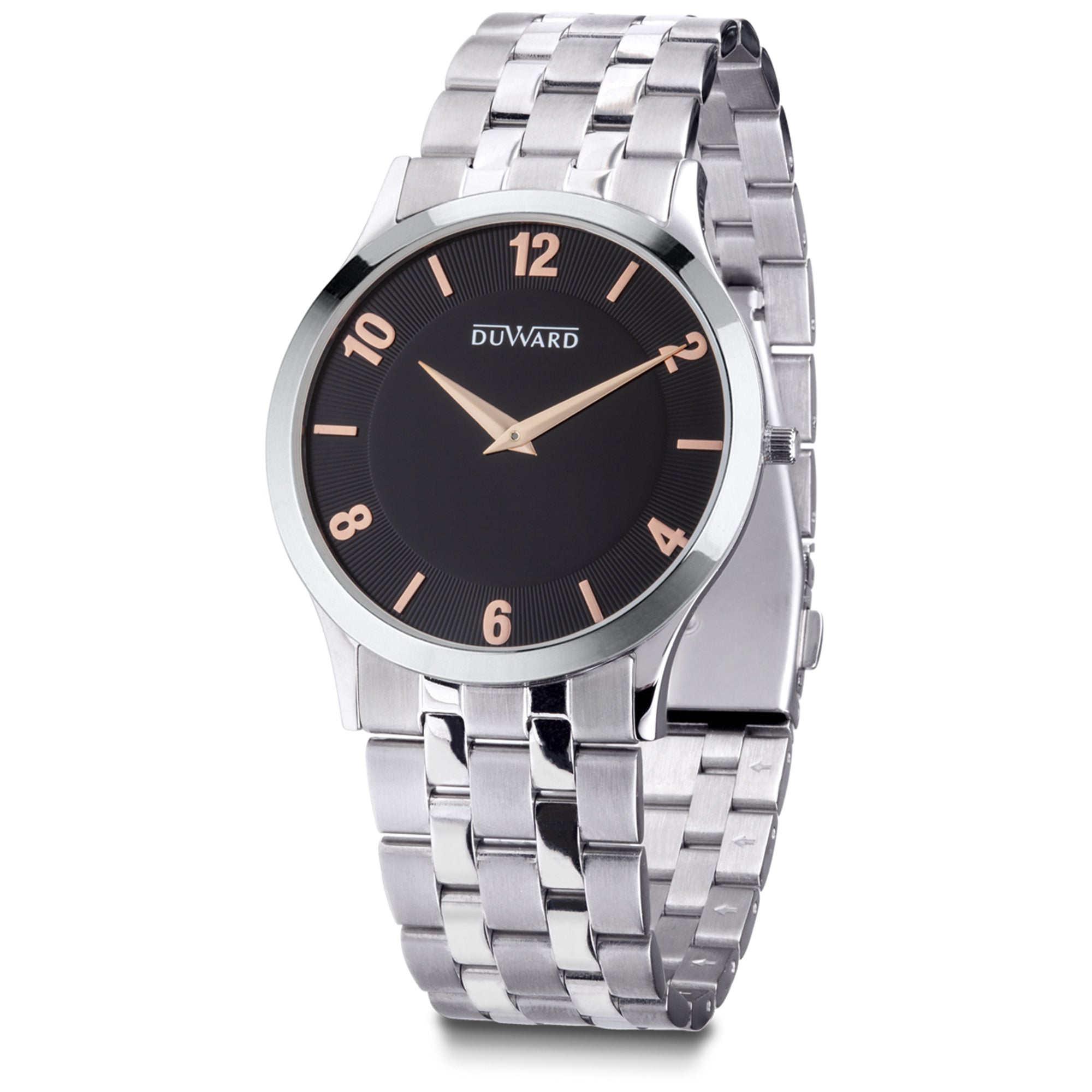 Reloj de hombre acero con caja extraplana  esfera negra con indices rosados