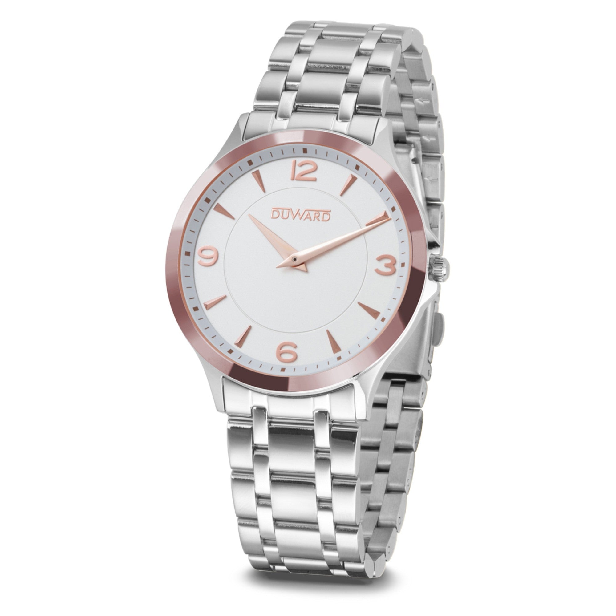 Reloj de Hombre Elegante caja acero bisel rosado esfera blanca 5 Atm