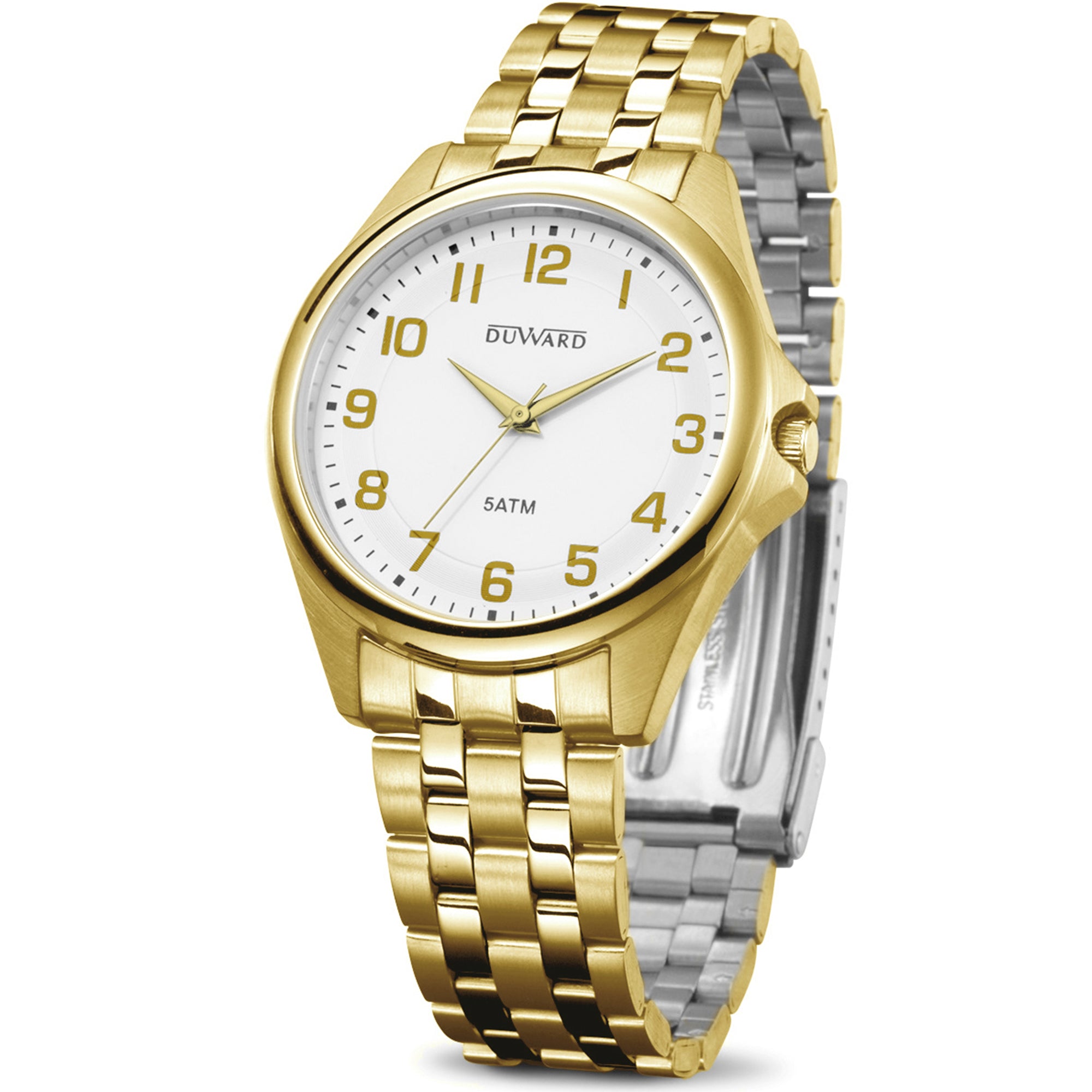 Reloj de acero dorado para hombre 5 atm con esfera blanca números árabes dorados