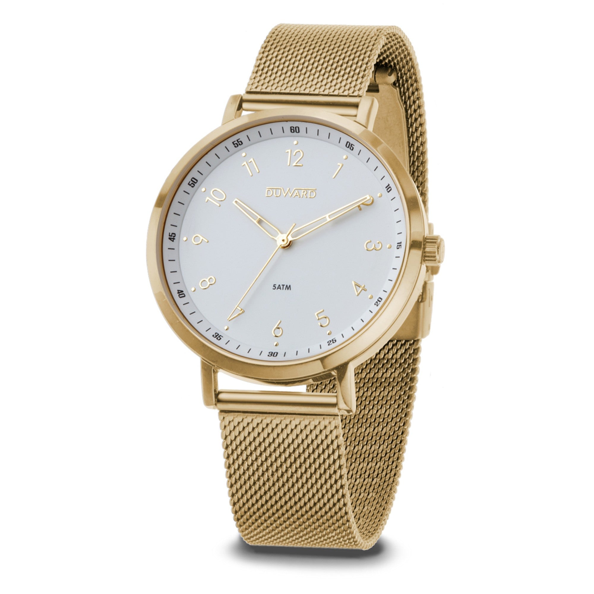 Reloj Hombre Elegante caja acero esfera blanca 5 Atm brazalete dorado