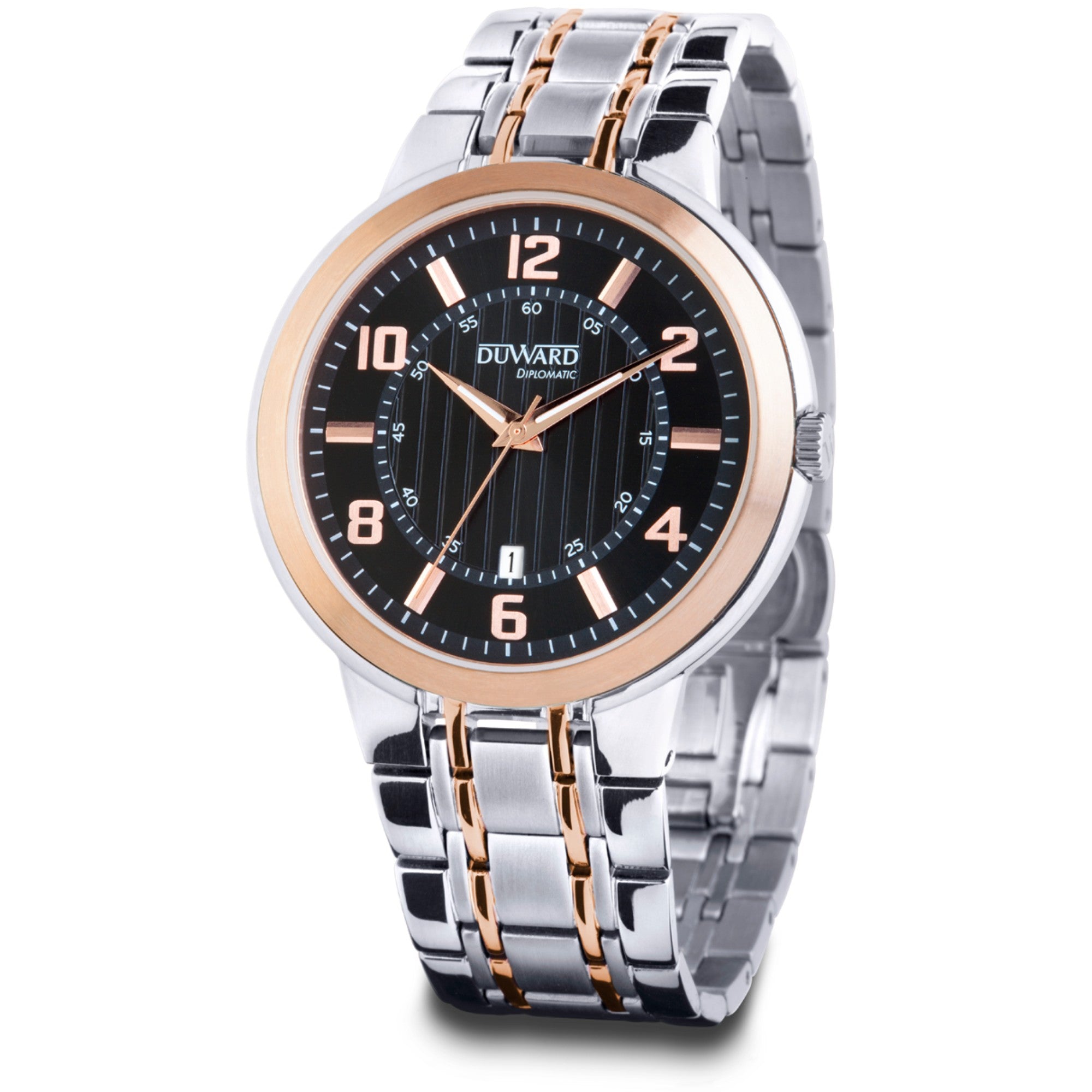 Reloj de Hombre Clásico de acero bicolor rosado esfera negra 5 Atm