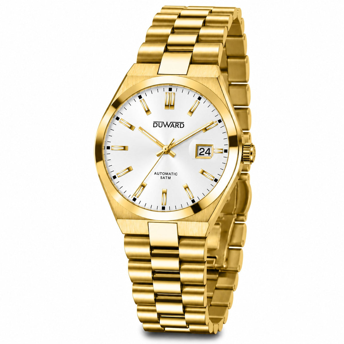 Reloj automático de hombre caja y armis acero IP dorado esfera blanca