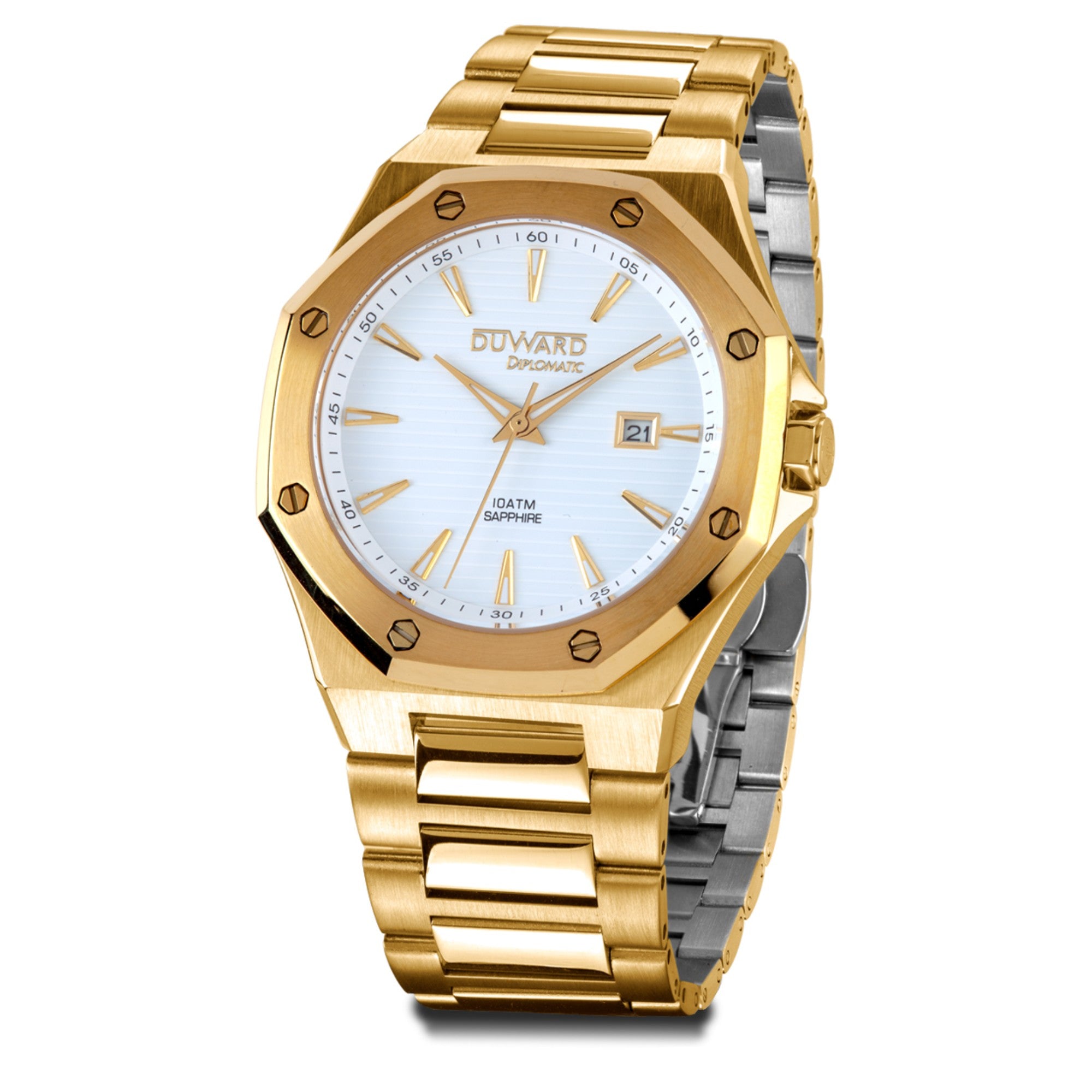 Reloj caja de acero IP dorado ,10 Atm, cristal zafiro, brazalete de acero, movimiento cuarzo