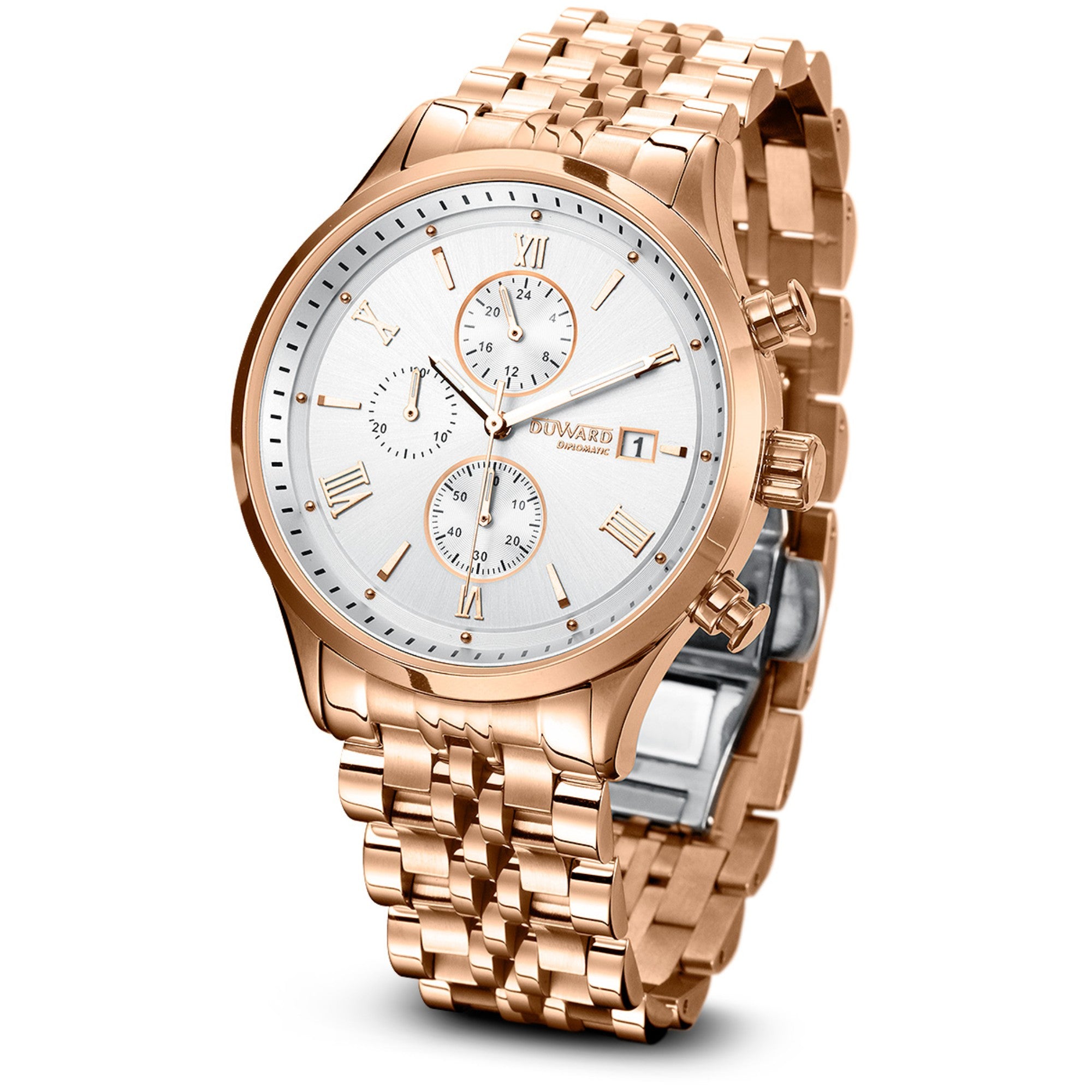 Reloj Hombre Deportivo Cronógrafo caja acero IP rosada esfera blanca