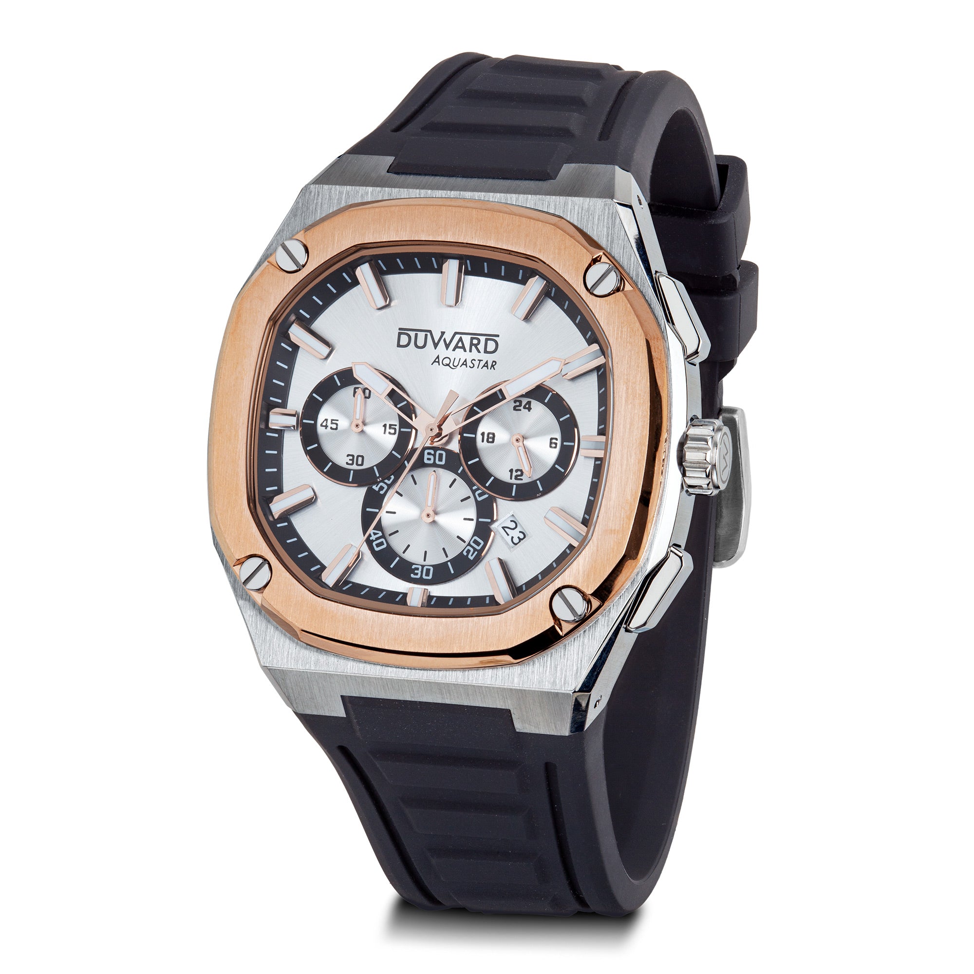 Reloj de Hombre deportivo DUWARD Aquastar acero IP rosado esfera plata 10 Atm silicona