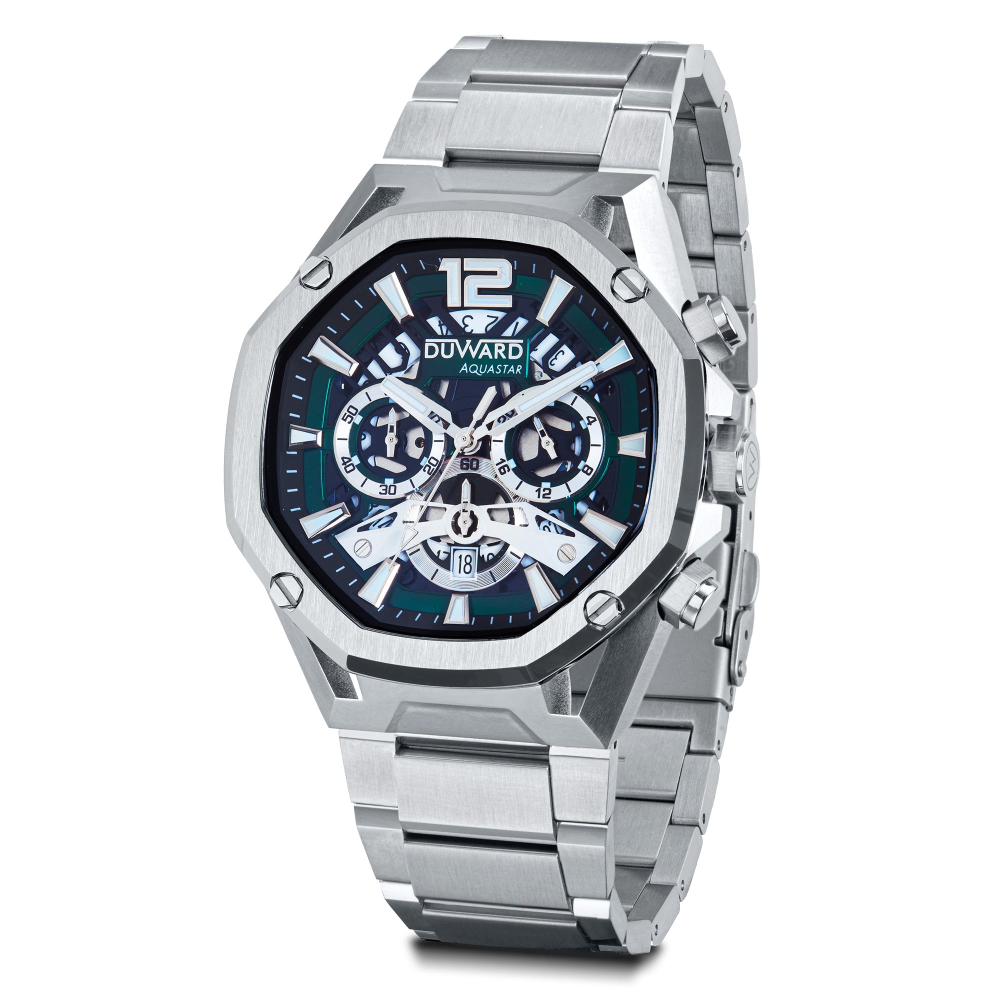 Reloj Hombre deportivo DUWARD Aquastar acero IP ne gra esfera verde10 Atm