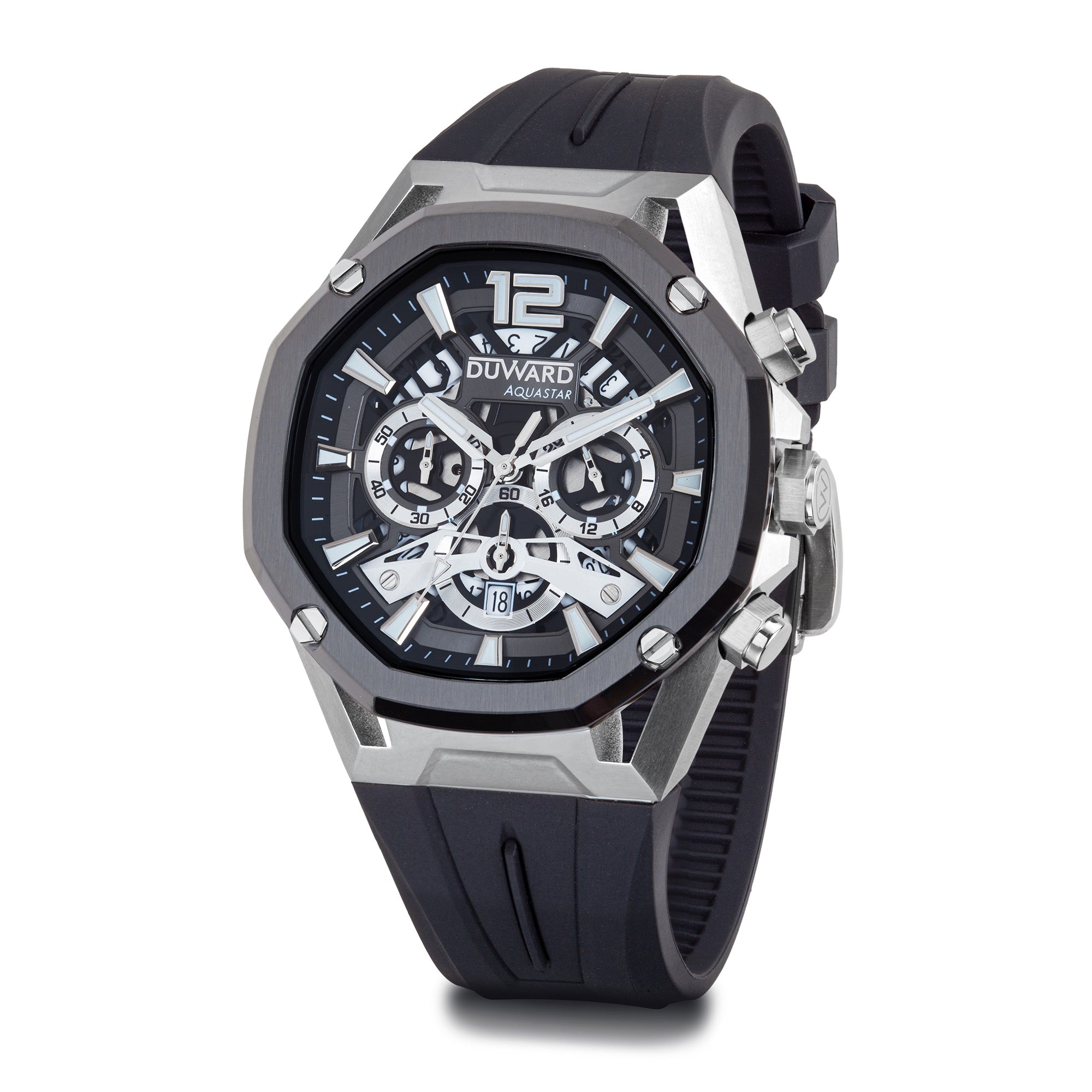 Reloj Hombre deportivo DUWARD Aquastar acero IP ne gra esfera 10 Atm silicona