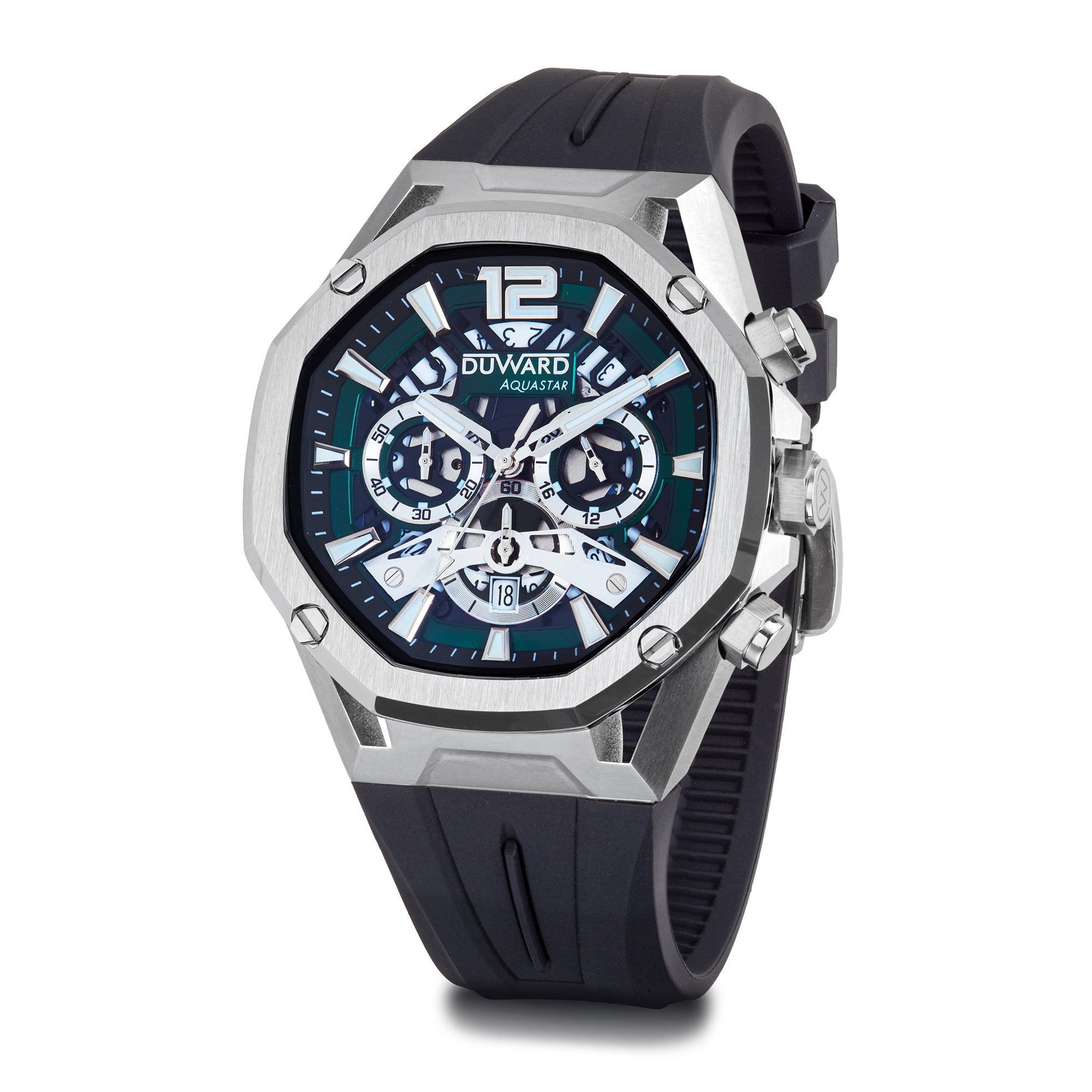 Reloj Hombre deportivo DUWARD Aquastar acero IP ne gra esfera verde10 Atm silicona