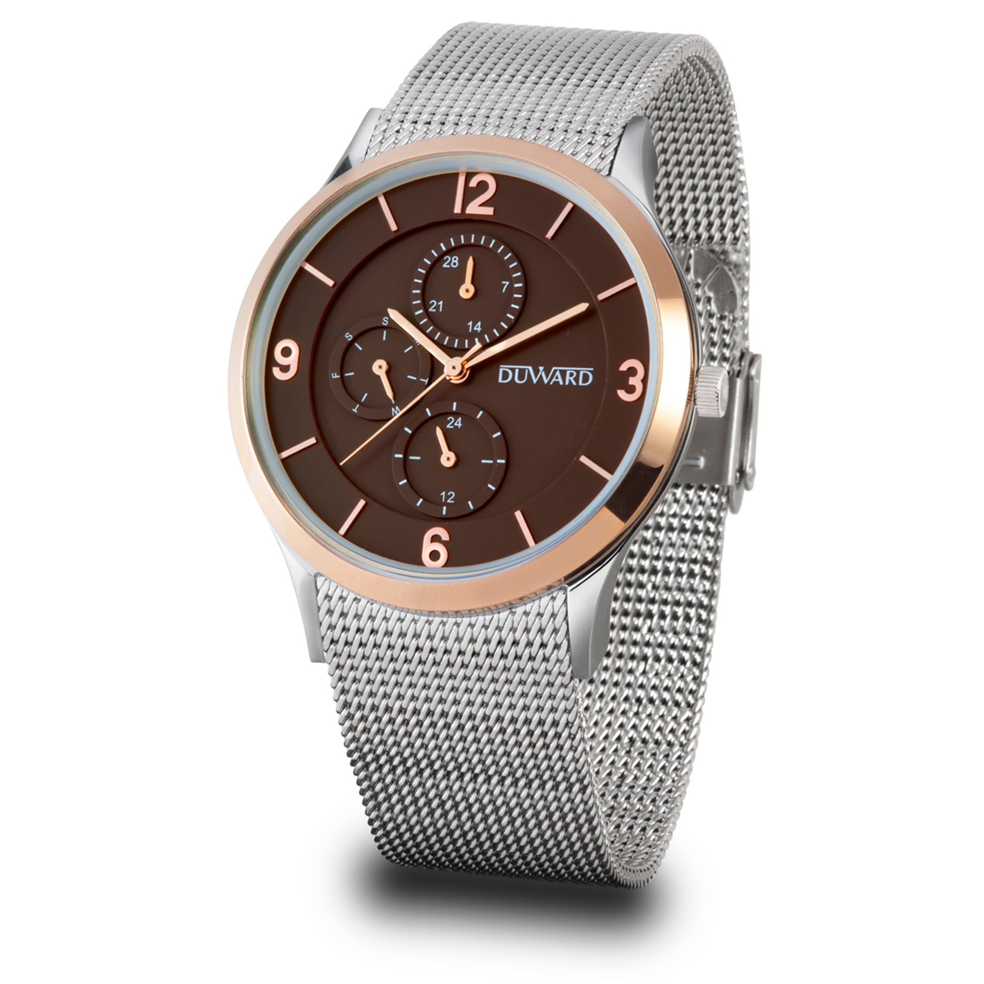Reloj de hombre multifunción  de acero e bisel en ip rosado, 5 atm, esfera  marron