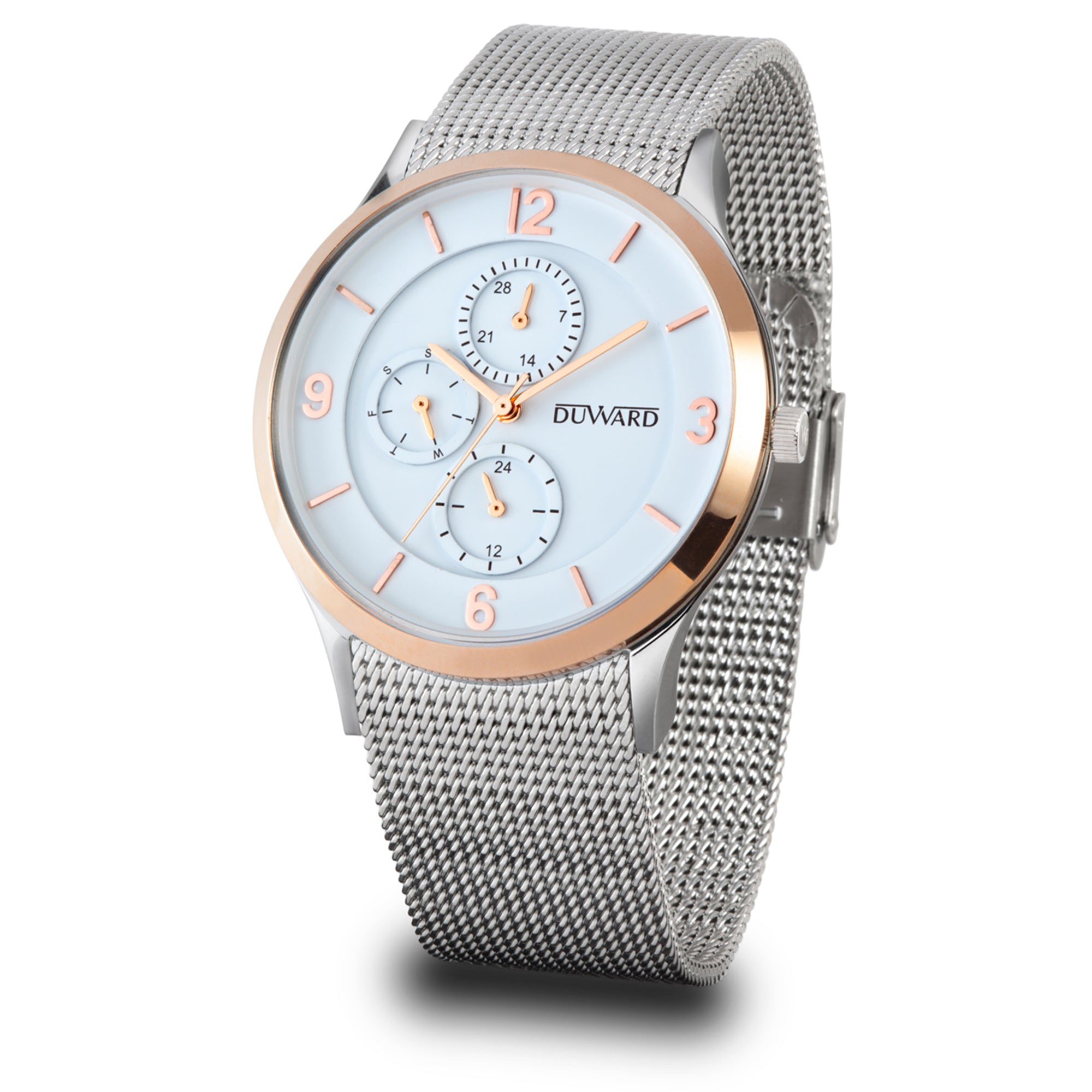 Reloj de hombre multifunción  de acero e bisel en ip rosado, 5 atm, esfera blanca