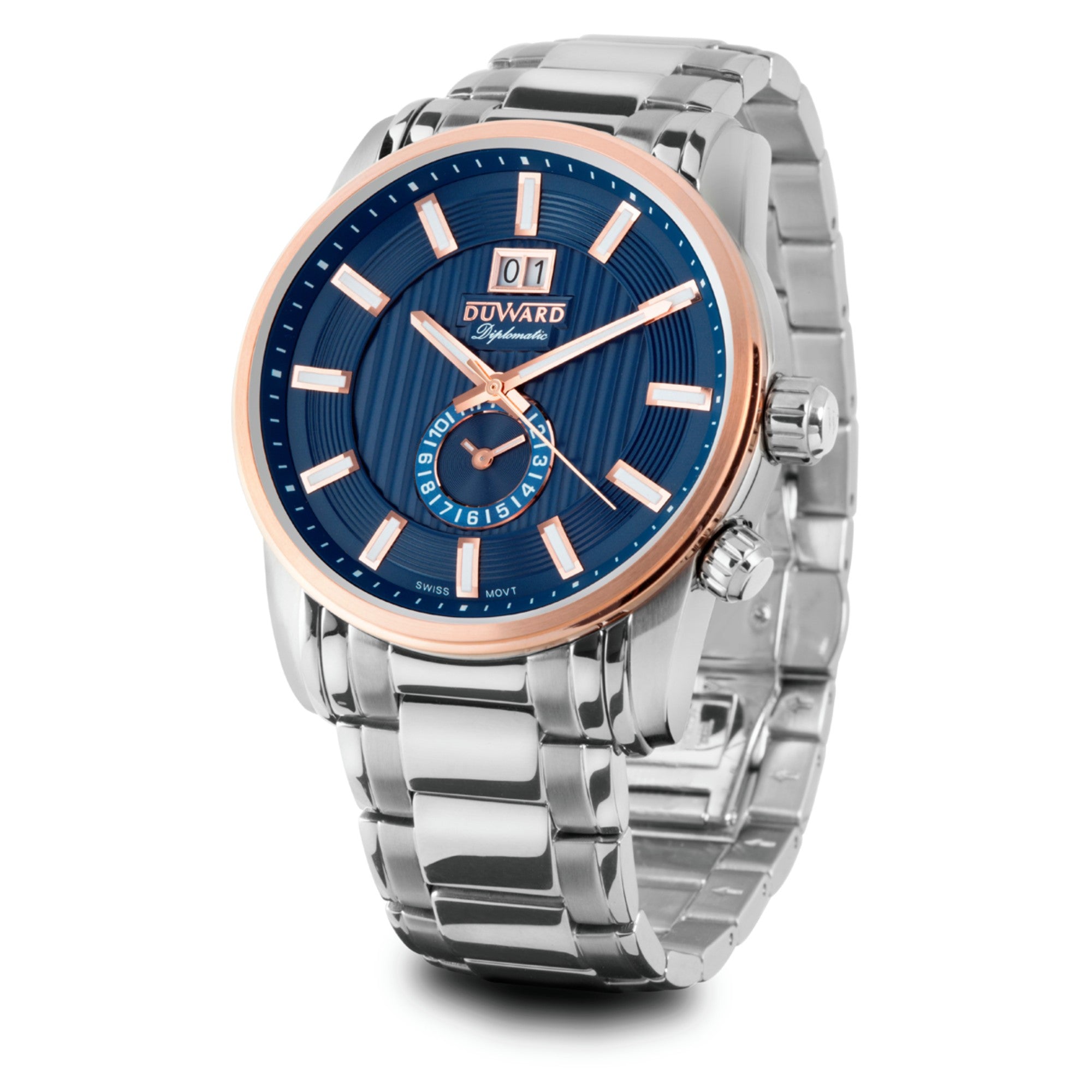 Reloj de Hombre de acero rosado movimiento suizo doble horario 10 Atm