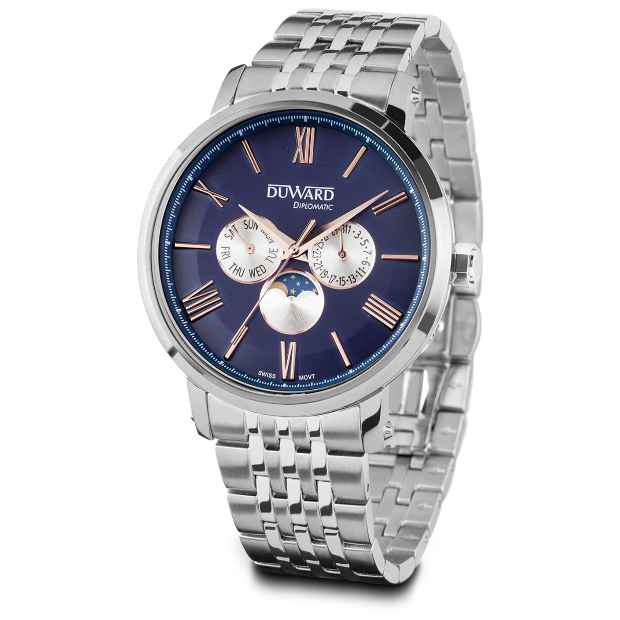 Reloj de Hombre de acero movimiento suizo fase lunar  5 Atm esfera azul