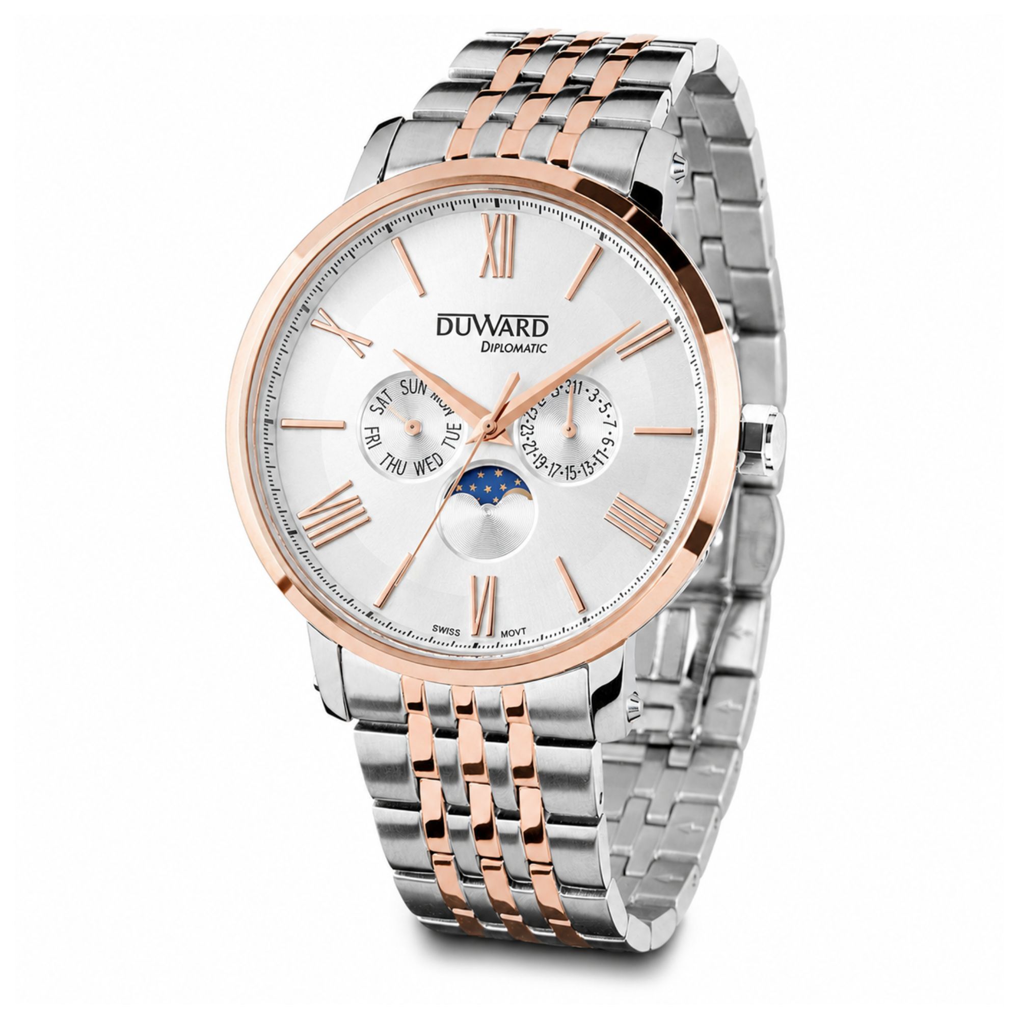 Reloj de Hombre de acero bicolor movimieto suizo f ase lunar  5 Atm