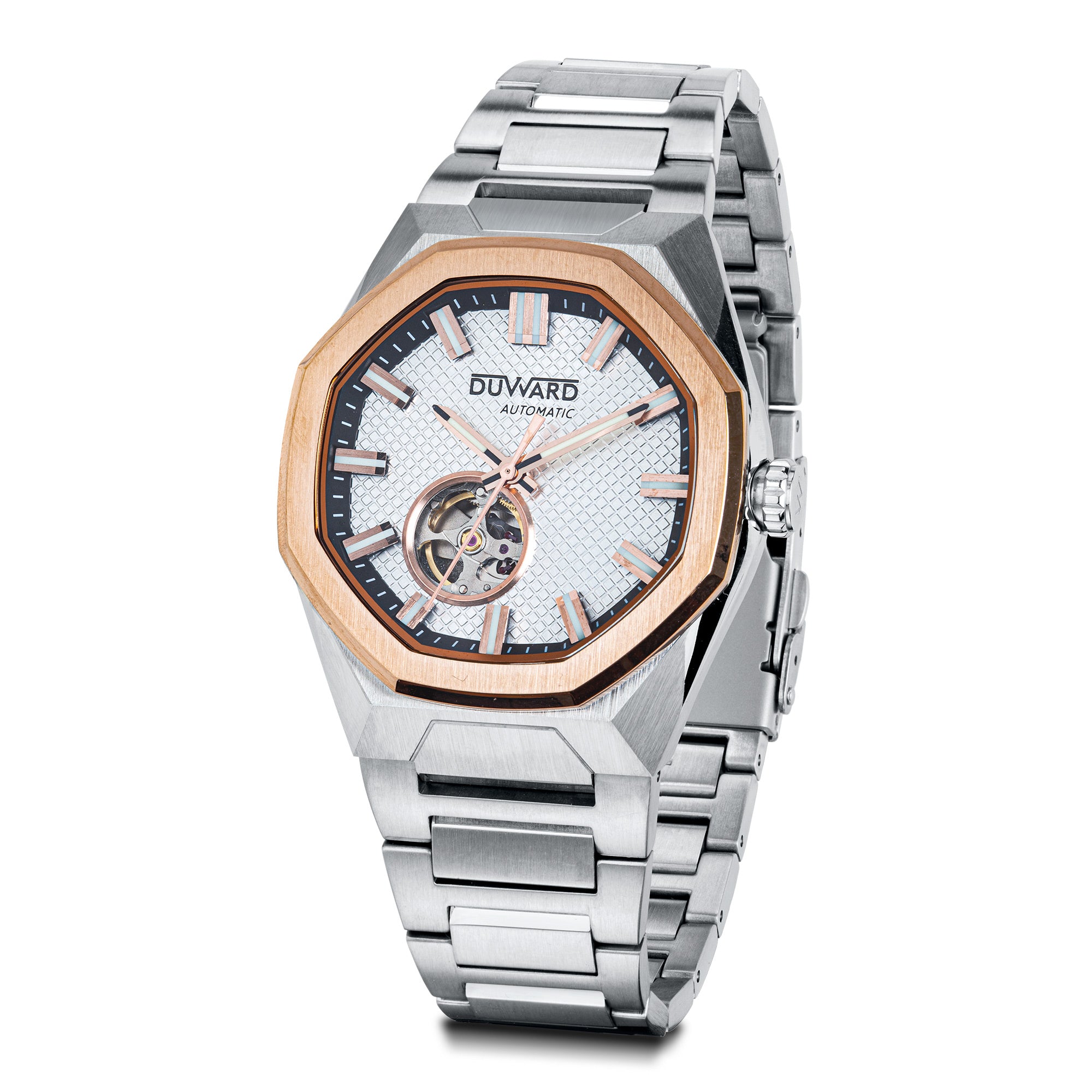 Reloj de hombre automatico de acero bisel rosado esfera plata 10 Atm