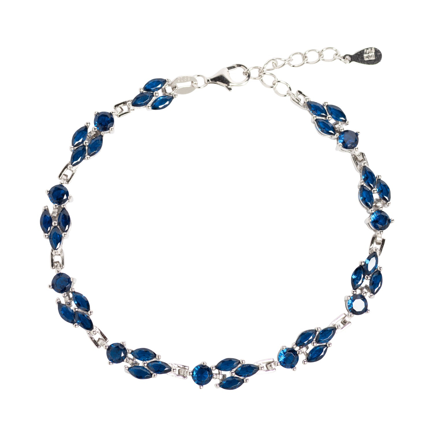 PULSERA DE PLATA DE LEY 925 CON CIRCONITAS AZULES  FORMAS