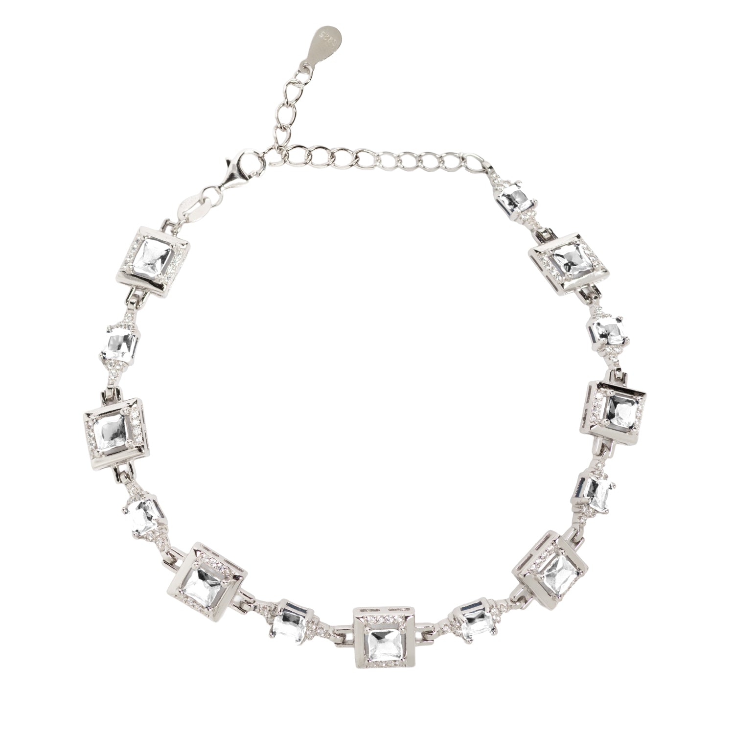 PULSERA DE PLATA DE LEY 925 CON CIRCONITAS RECTANGULARES BLANCAS