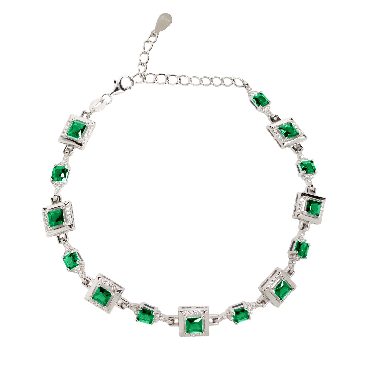 PULSERA DE PLATA DE LEY 925 CON CIRCONITAS RECTANGULARES VERDES