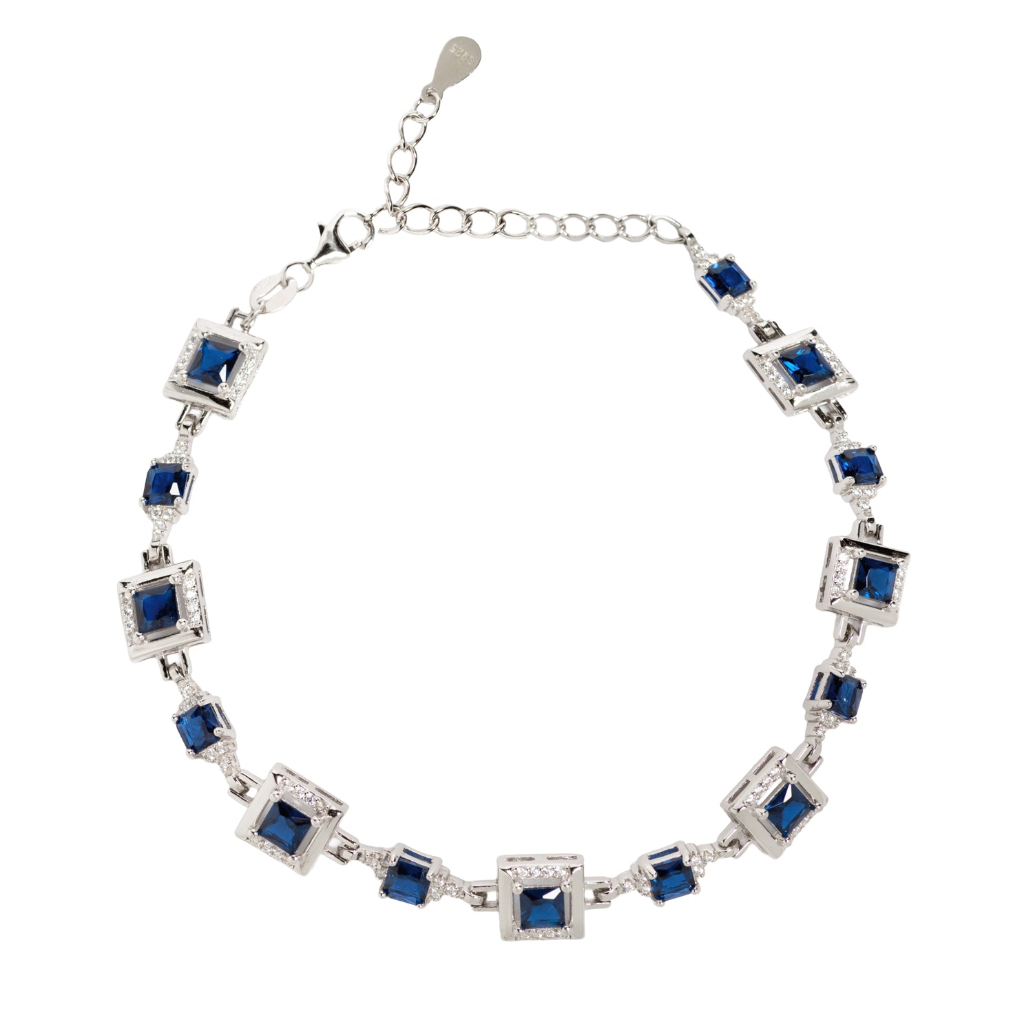 PULSERA DE PLATA DE LEY 925 CON CIRCONITAS RECTANGULARES AZULES