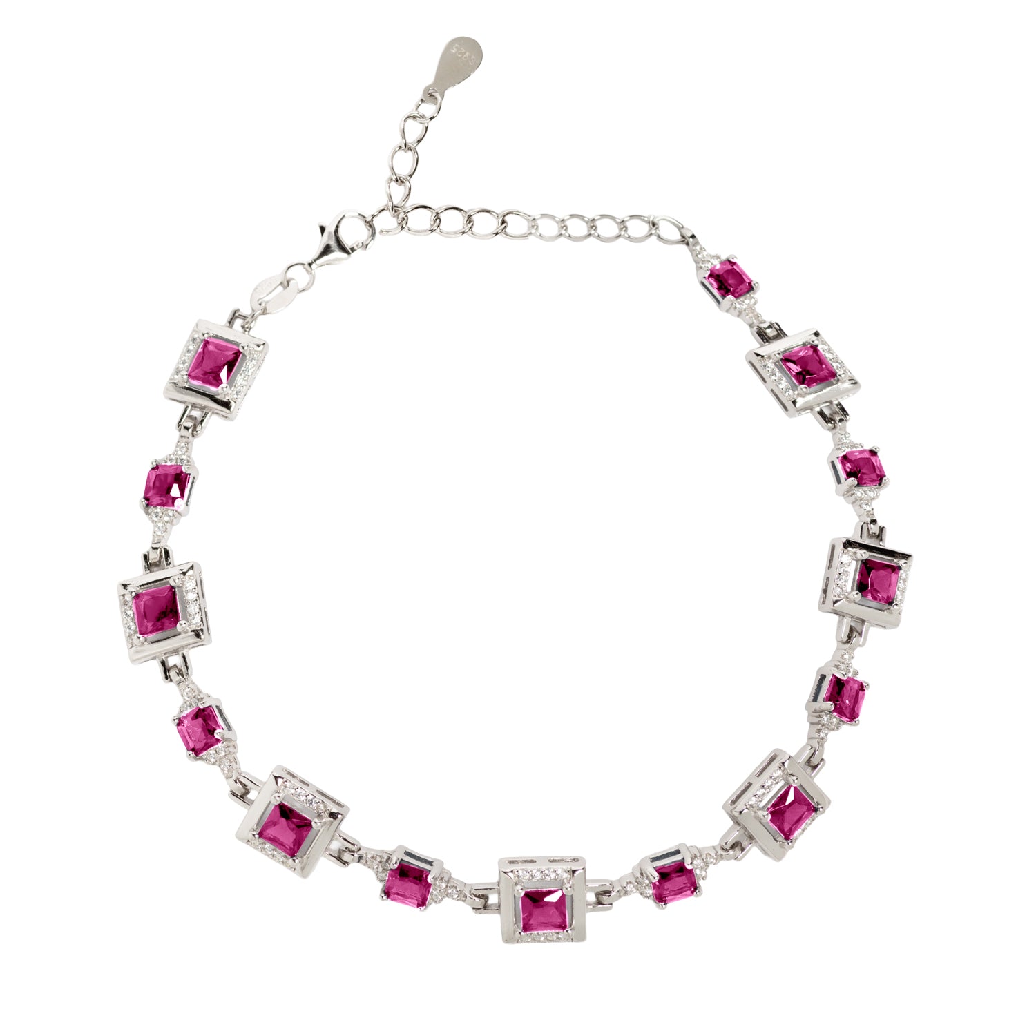 PULSERA DE PLATA DE LEY 925 CON CIRCONITAS RECTANGULARES FUCSIA