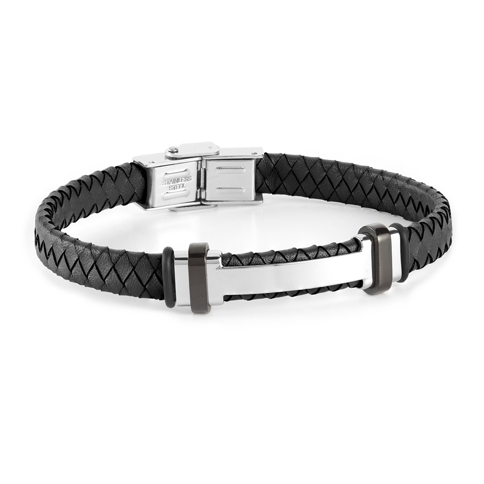 Pulsera piel  negra  con placa acero y detalles ip negro