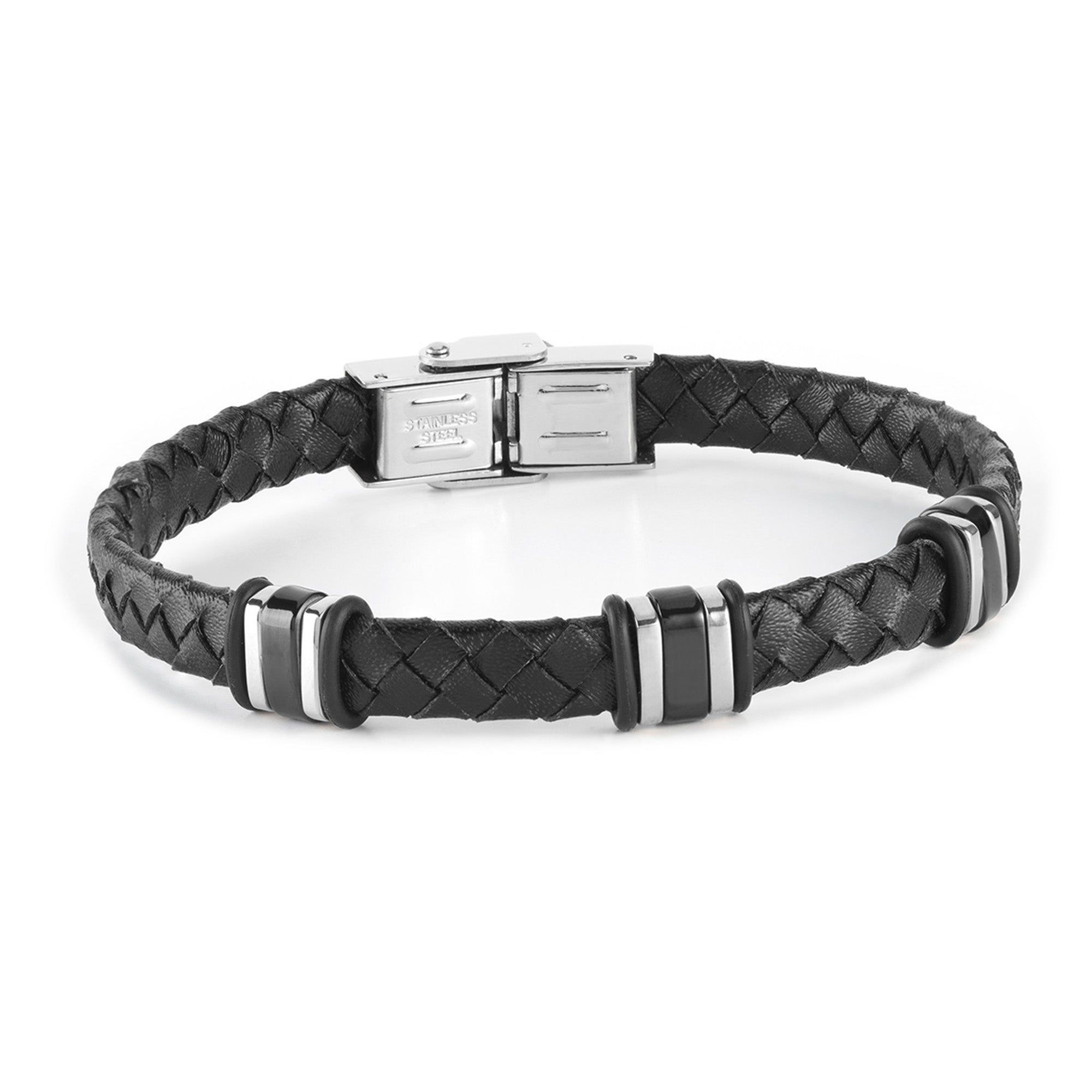 Pulsera de hombre  detalles acero IP negro y piel trenzada negra