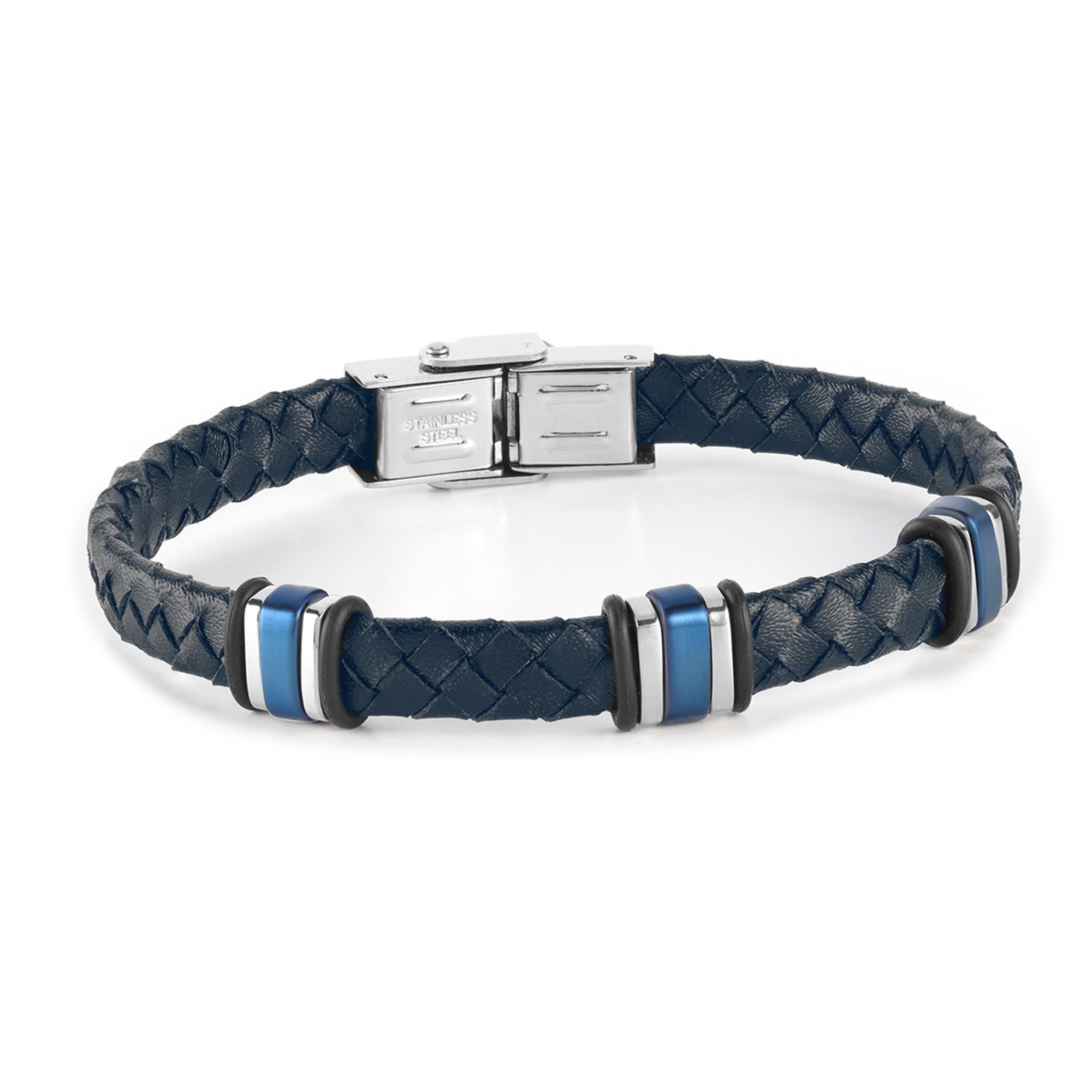 Pulsera de hombre  detalles acero IP azul y piel trenzada azul