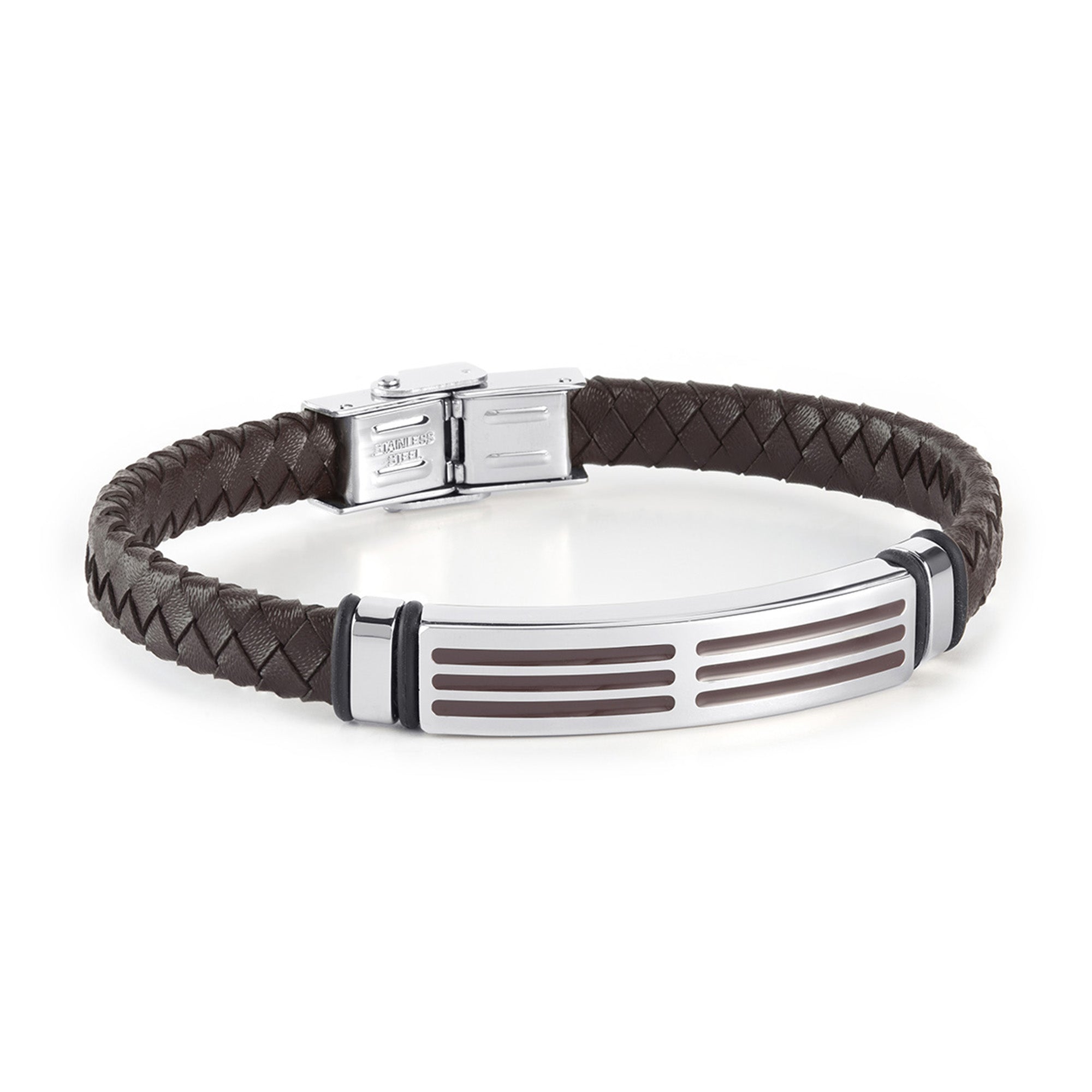 Pulsera de hombre piel trenzada marrón con motivo acero