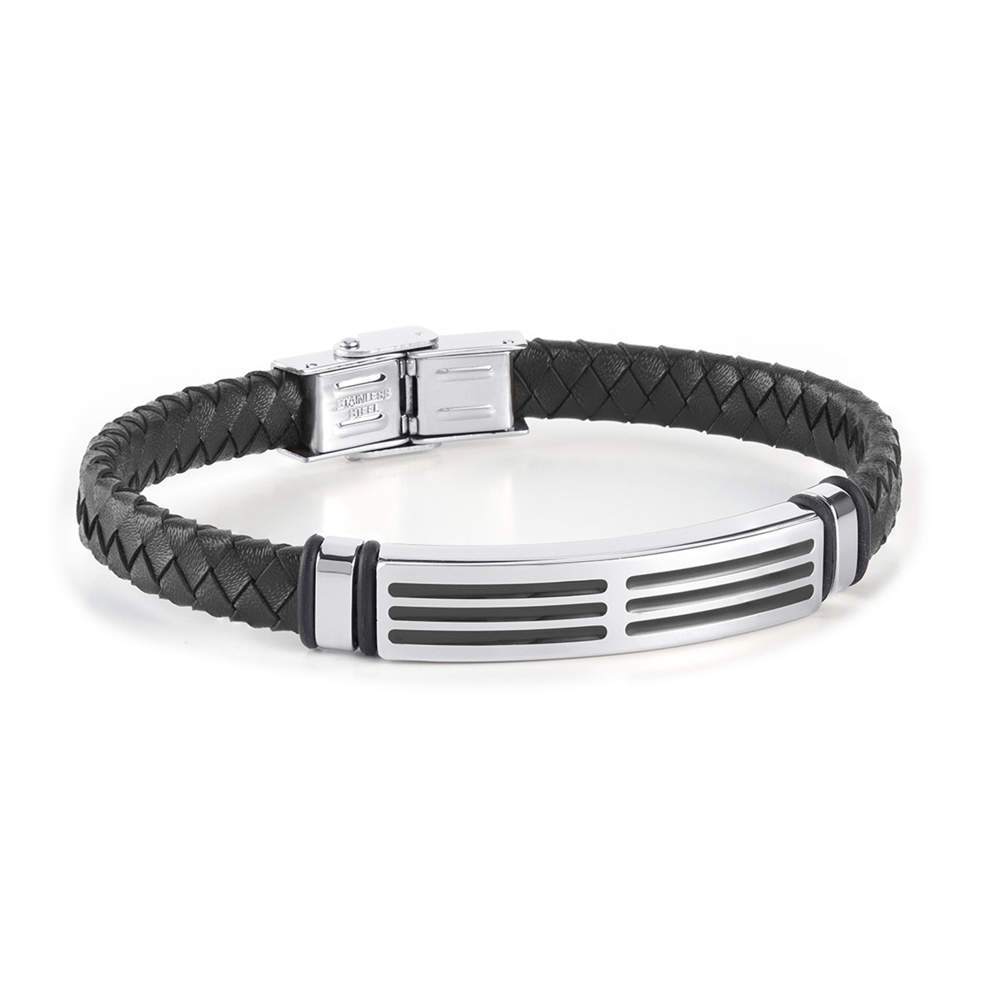 Pulsera de hombre piel trenzada negra  con motivo acero