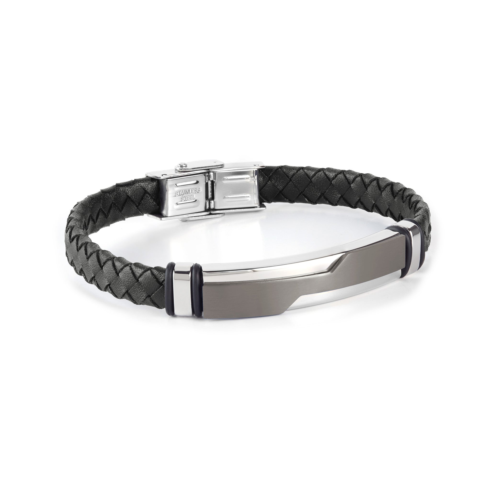 Pulsera de hombre piel trenzada negra con motivo acero ip negro