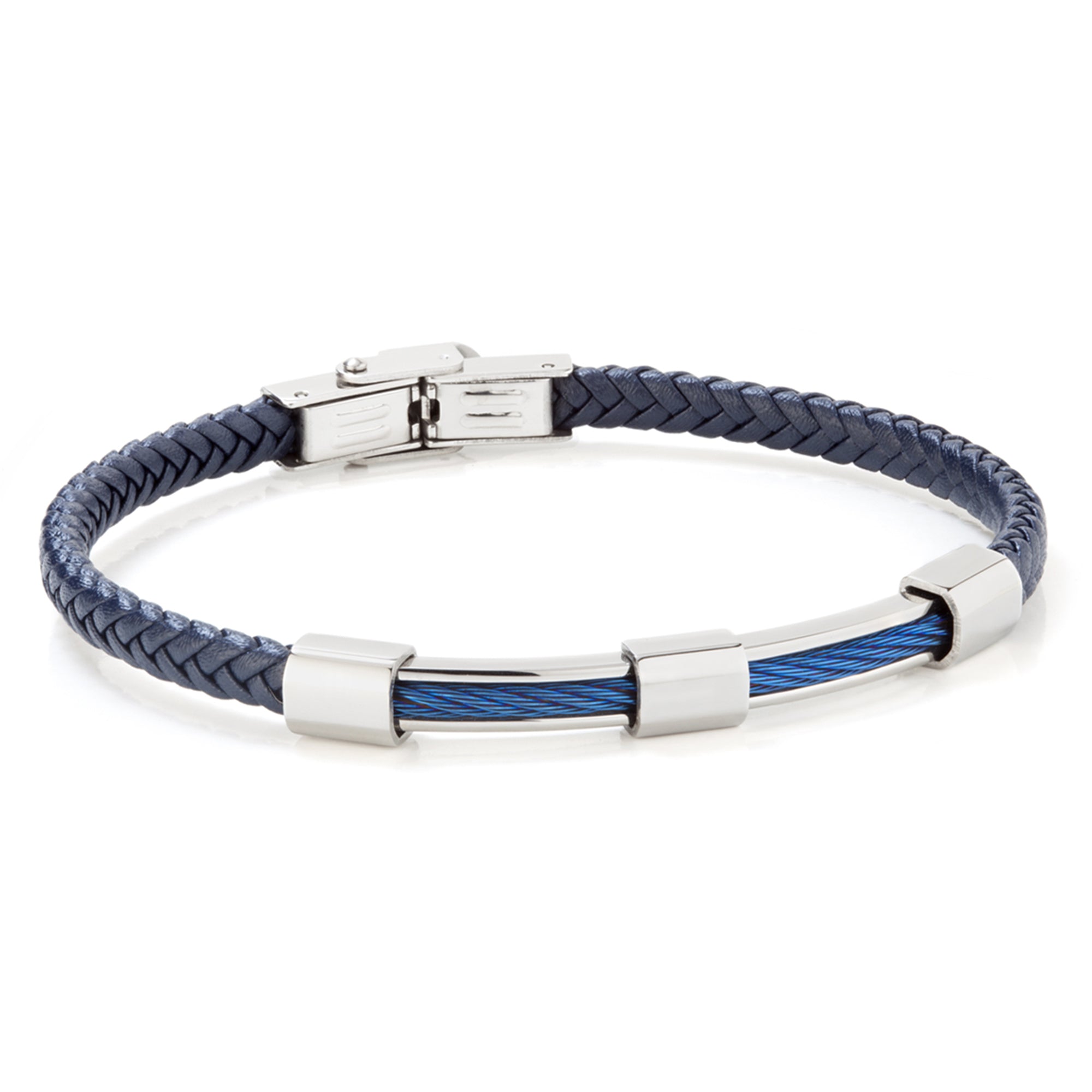 Pulsera de hombre de acero con piel trenzada azul y detalle Ip azul