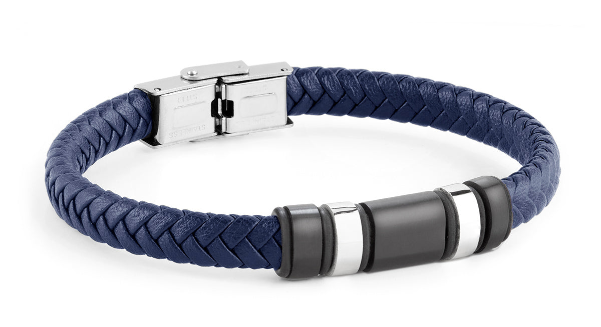 Pulsera Piel negra y acero IP azul Cierre pulsador