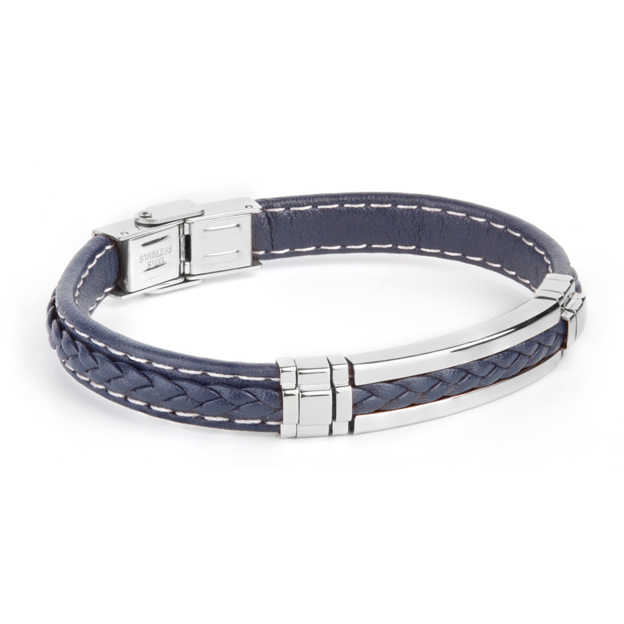 Pulsera de hombre de acero piel trenzada azul
