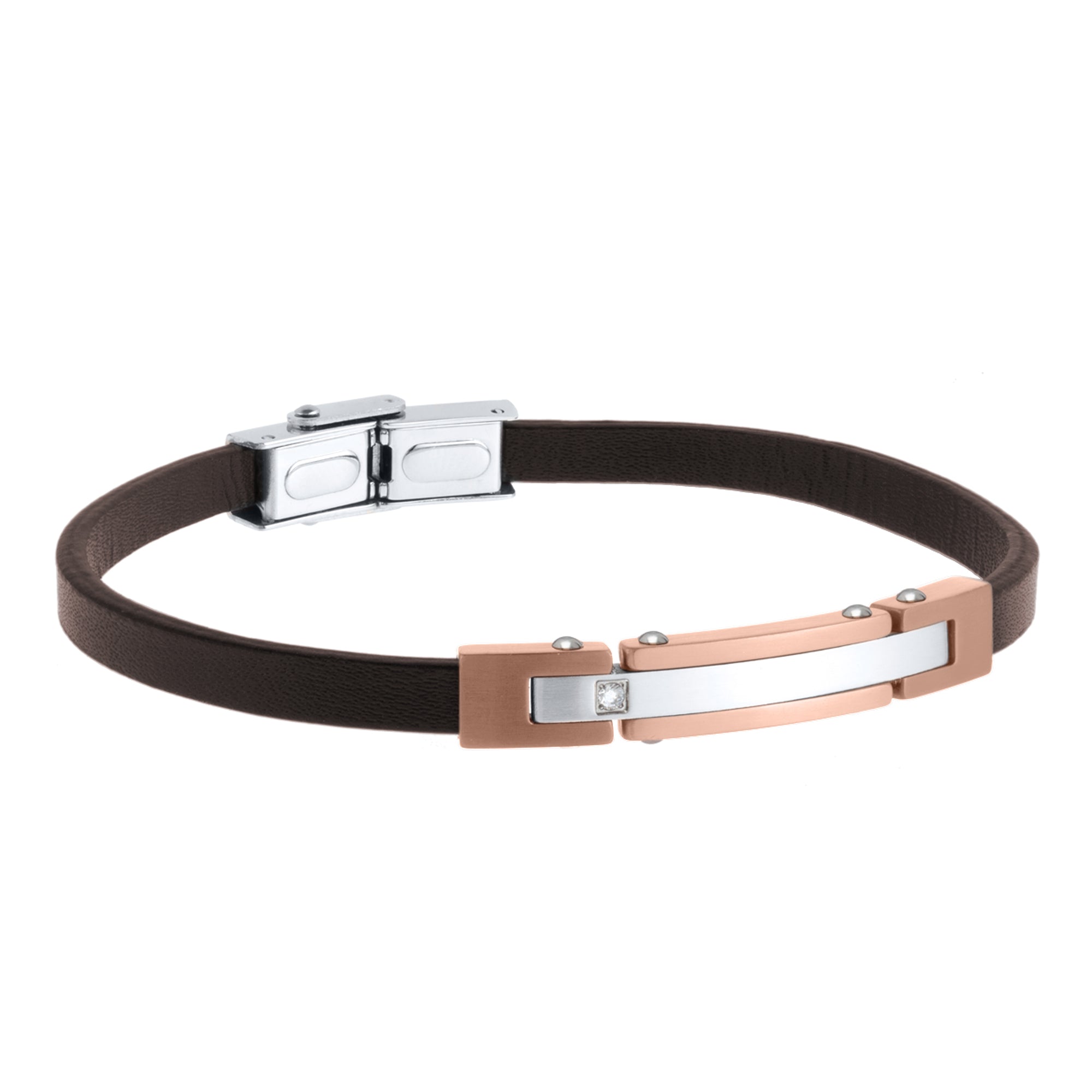 Pulsera Piel marrón y acero IP marron Cierre pestaña