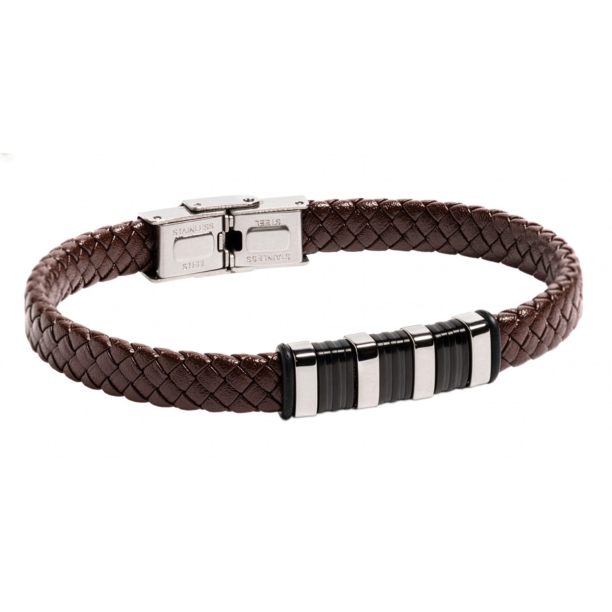Pulsera Piel marrón y acero Cierre pulsador 21cm
