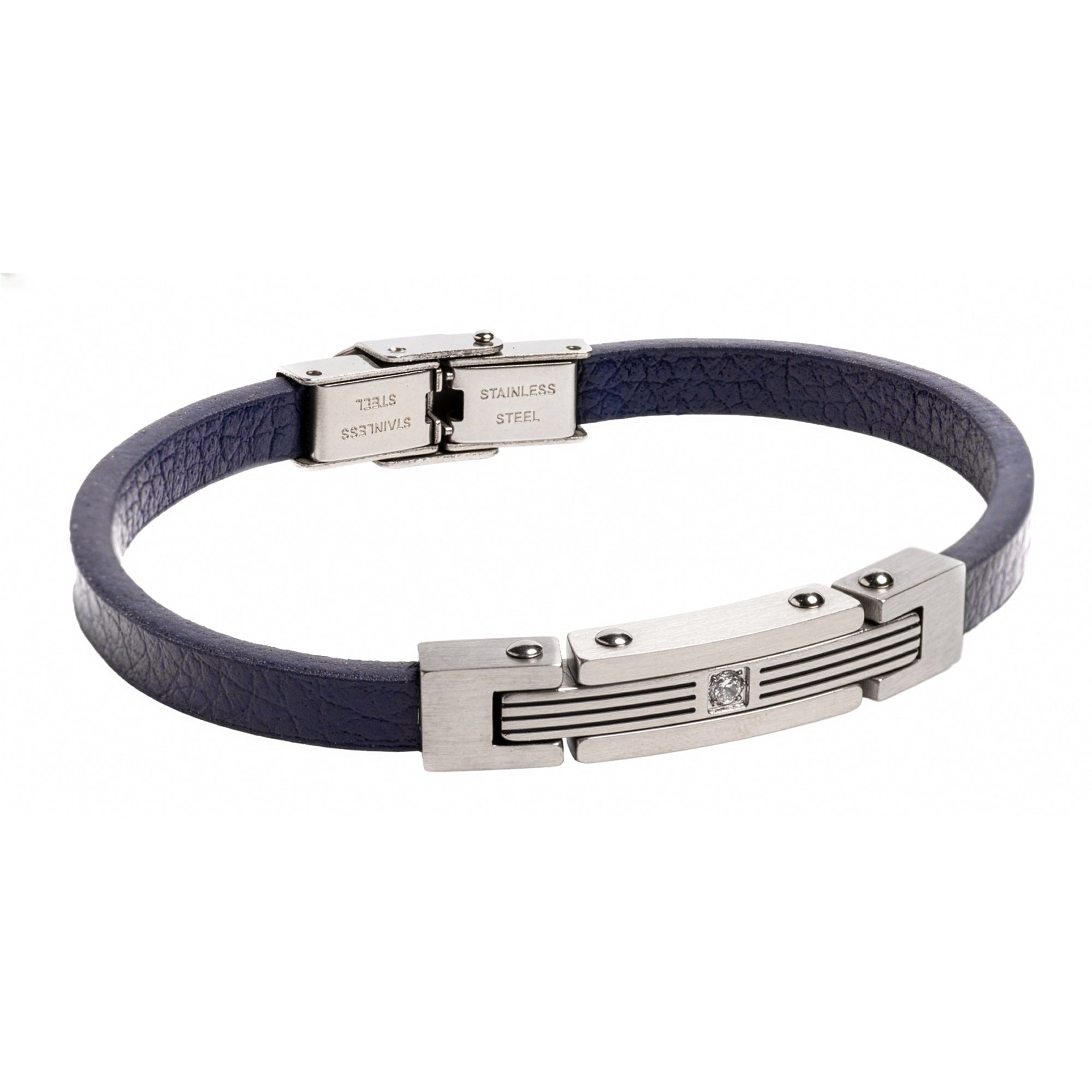 Pulsera Piel azul y acero Cierre pestaña 21cm