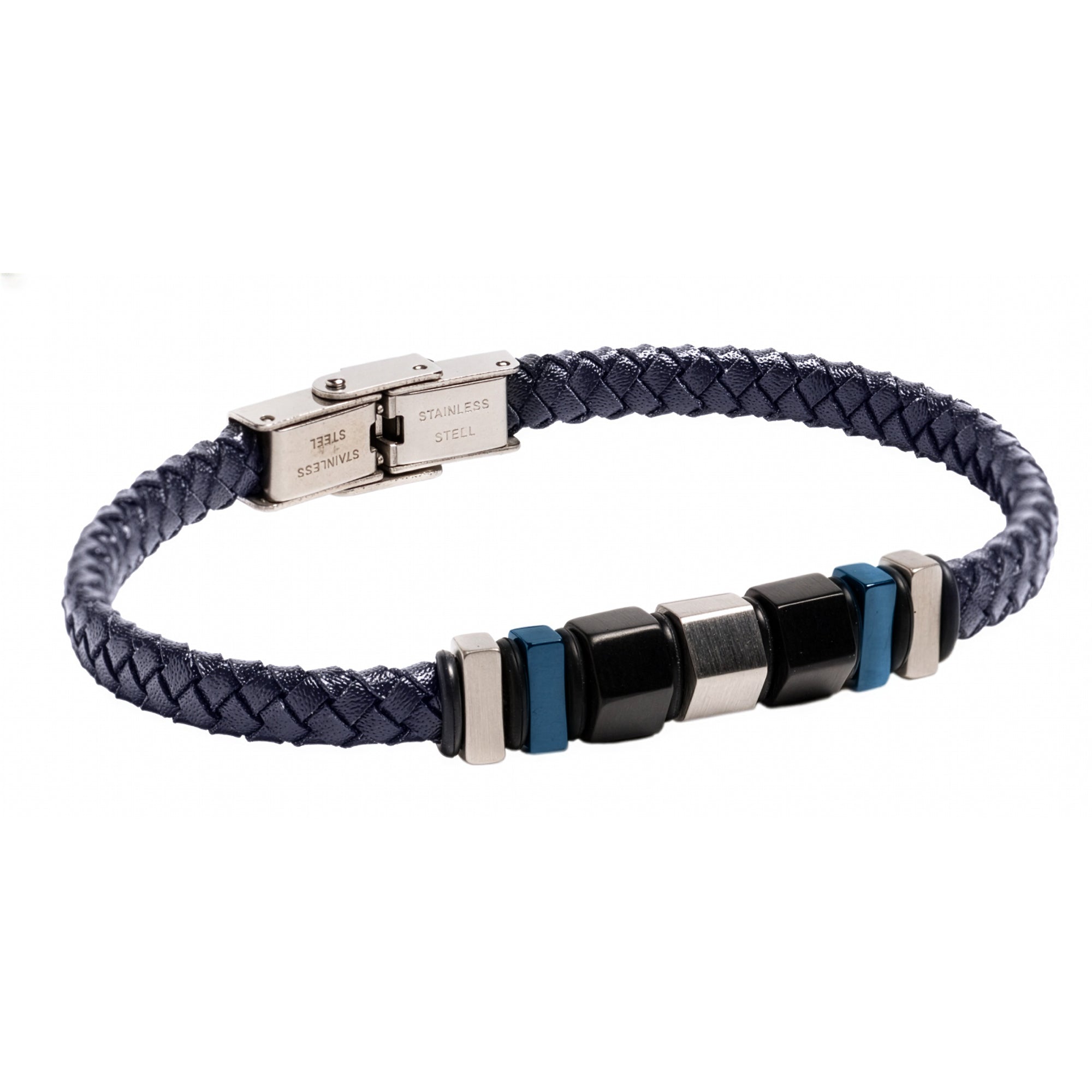 Pulsera Piel azul y acero Cierre pulador 21cm.